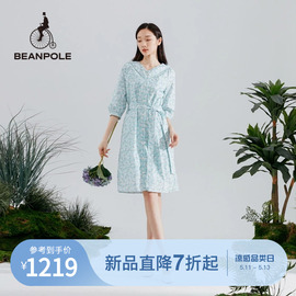 beanpole滨波春夏款女士，天蓝色薄纱棉印花v领法式度假碎花连衣裙