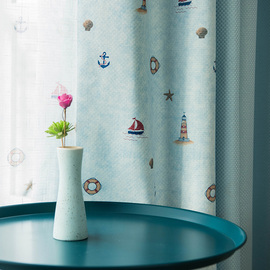 儿童窗帘高档地中海卡通蓝色，美式遮光卧室，棉麻布料双面花遮光窗帘