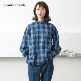 sunnycloudsshuttlenotes日本面料女式棉麻靛蓝染格子罩衫
