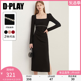 dplay新法式(新法式)赫本风，经典黑捏褶侧开衩闪钻连衣裙轻礼服小黑裙