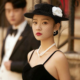 M009黑色赫本风影楼拍照新娘礼帽 法式复古丝绒造型礼服装饰帽子