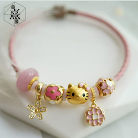 高品质粉色kitty猫3d硬金黄金手链，diy转运硬金手链生日送礼物宝宝