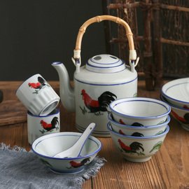 中式复古怀旧陶瓷茶壶大容量凉水壶竹花水壶提梁壶泡茶耐高温家用