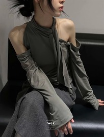 exclusivetype韩国个性设计挂脖绑带，性感露肩修身长袖，t恤上衣女