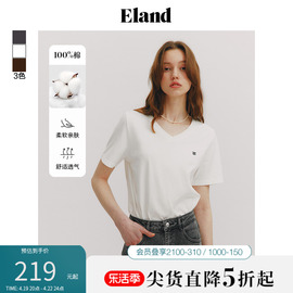 eland衣恋圆领短袖t恤女logo刺绣小开叉下摆，纯棉上衣2024夏季