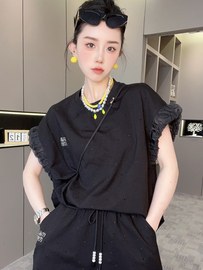 RR fashion 短袖圆领上衣抽绳高腰短裤套装两件套女2024夏季