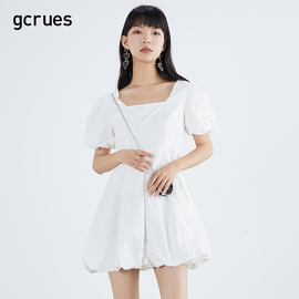 gcrues法式方领连衣裙女高腰，夏季桔梗白色娃娃，裙泡泡袖