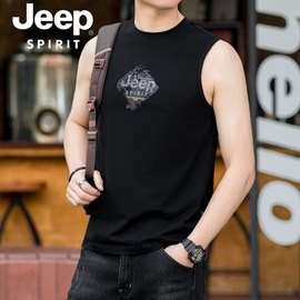 Jeep吉普纯棉无袖短袖男背心2024夏季男士打底衫T恤宽松坎肩