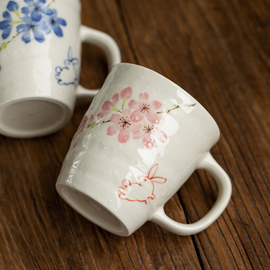 日本进口美浓烧樱吹雪兔子，马克杯日式咖啡杯茶杯，陶瓷对杯礼盒水杯
