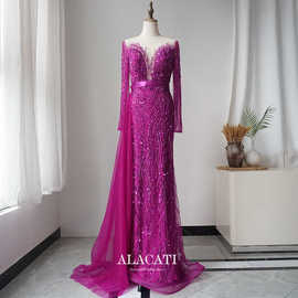2024紫色高端奢华优雅长袖，鱼尾晚礼服气质，主持人演出名媛晚宴