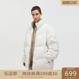 BONELESS双面穿北极绒PU皮立领羽绒服高街外套冬季保暖面包服男