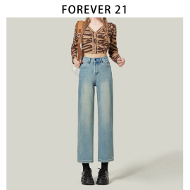 Forever 21韩系牛仔裤女直筒裤显瘦高腰甜美小个子九分蓝色烟管裤