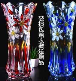 中国风手绘水晶玻璃花瓶家用水培富贵竹鲜花插玫瑰花百合客厅简约