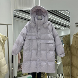 韩国中长款羽绒服女冬季简约风宽松加厚牛角扣连帽白鸭绒外套