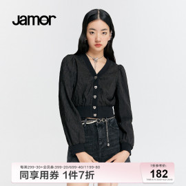 Jamor黑色爱心纽扣外套女春季甜美泡泡袖v领上衣加末