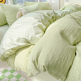 双层纱纯棉床上四件套高端全棉床品简约纯色被套床单人三件套床笠