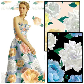 大花卉图案数码，印花女装面料空气层，雪纺羽绒服面料等3色可选