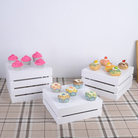 白色实木婚礼庆典甜品台摆台道具盒纸杯蛋糕展示架木质桌面收纳架