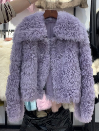 今年流行漂亮紫色羊羔毛外套女冬款高级感独特别致绝美上衣小个子