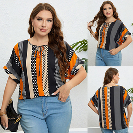 Summer patchwork crewneck loose women's top casual blouse