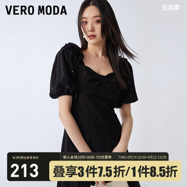 Vero Moda连衣裙2023夏季法式方领水钻蝴蝶结泡泡袖小黑裙