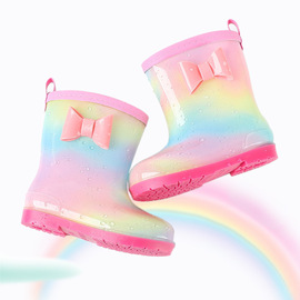 儿童雨鞋防水防滑雨靴，男女孩可爱蝴蝶结pvc舒适鞋底中筒彩虹水鞋