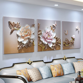 新中式客厅现代装饰画沙发，背景墙壁牡丹挂画3d立体卧室餐厅浮雕画