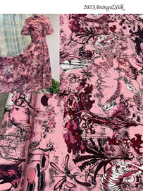 真丝双绉水粉红底植物，花卉印花动物图案衬衫，连衣裙布料面料大象图