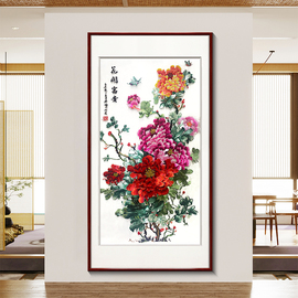 牡丹苏绣成品挂画入户玄关过道装饰画，现代客厅竖版墙画刺绣壁画