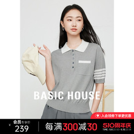 Basic House/百家好莱赛尔短袖针织衫polo领学院风套头撞色上衣夏