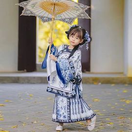 青花瓷儿童格格服装复原斜襟印花清朝汉服女古装旗袍马面裙春秋款