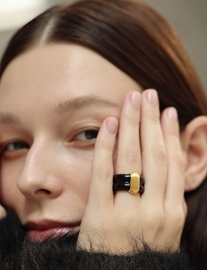黑金珐琅戒指滴釉条纹法式时尚气质铜镀金黑色宽版复古小众高级感