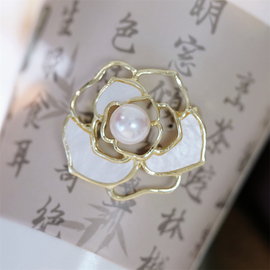 DIY珍珠配件 山茶花款合金厚镀金经典胸针胸花半成品 9-12mm