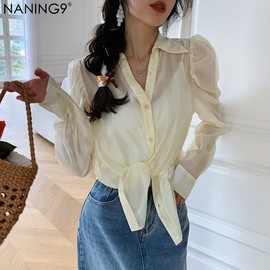 naning9夏季韩版轻薄方领长袖，设计感小众泡泡，袖衬衫女