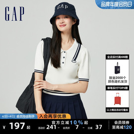 gap女装2024春夏logo撞色条纹，泡泡袖翻领针织衫短上衣891736