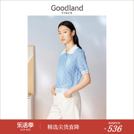 Goodland美地女装夏季撞色白领蕾丝边提花翻领短袖针织衫