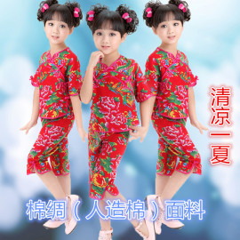 儿童人造棉大花布夏装女童，棉绸套装短袖马裤民族，风夏季儿童服装