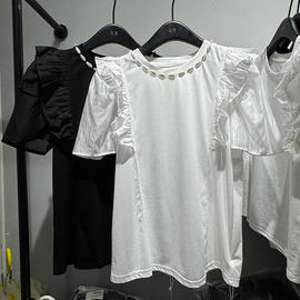 谷斯小衫小众设计花瓣荷叶，边圆领短袖，显瘦气质t恤上衣女夏装衬衣