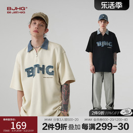 BJHG不计后果 夏牛仔拼接时尚polo衫短袖男美式街头潮休闲情侣T恤