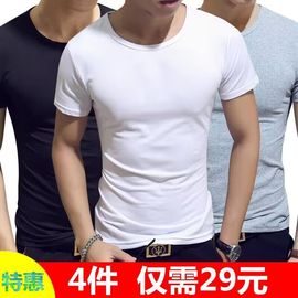 4件男士韩版健身t恤男式修身短袖圆领，大码体恤白色半袖打底衫