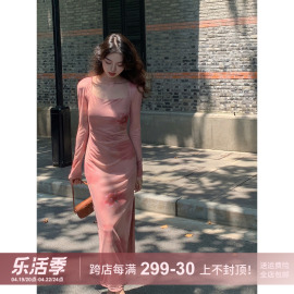 SYT自制 法式复古方领网纱印花长袖连衣裙女秋冬侧开叉长裙子