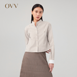 ovv秋冬女装海军风，条纹立领撞色袖口，棉感长袖衬衫