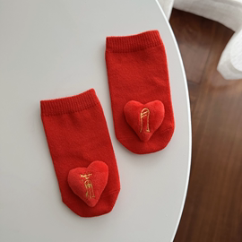 新生婴儿红色袜子春秋纯棉满月喜庆立体短袜大红男女宝宝凹造型袜
