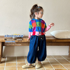 女童毛衣秋装2023韩版女宝宝，洋气时髦格子，针织衫儿童连帽外套