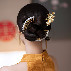 水舞u1060新娘头饰中式金色，珍珠流苏发簪套装，古装秀禾结婚礼发饰