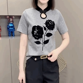 新中式国风盘扣立领短袖t恤女夏玫瑰花T恤打底衫修身小众灰色上衣