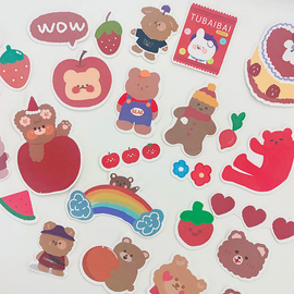 手帐贴纸90枚草莓味的熊卡通可爱少女心动物手账日记手机装饰贴画