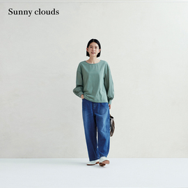 春季 桑妮库拉/Sunny clouds纯棉落肩针织拼接罩衫豆绿色上衣