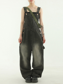 韩国23S/S brownish boy overall 黑棕磨白水洗牛仔背带裤女