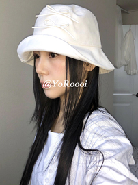 yoroooi韩系小众设计师款天鹅绒，蝴蝶结盆帽渔夫帽春夏薄款遮阳帽